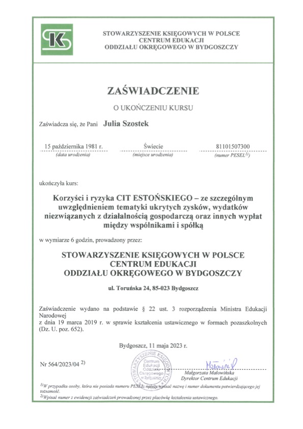 Certyfikat Cit Estoński