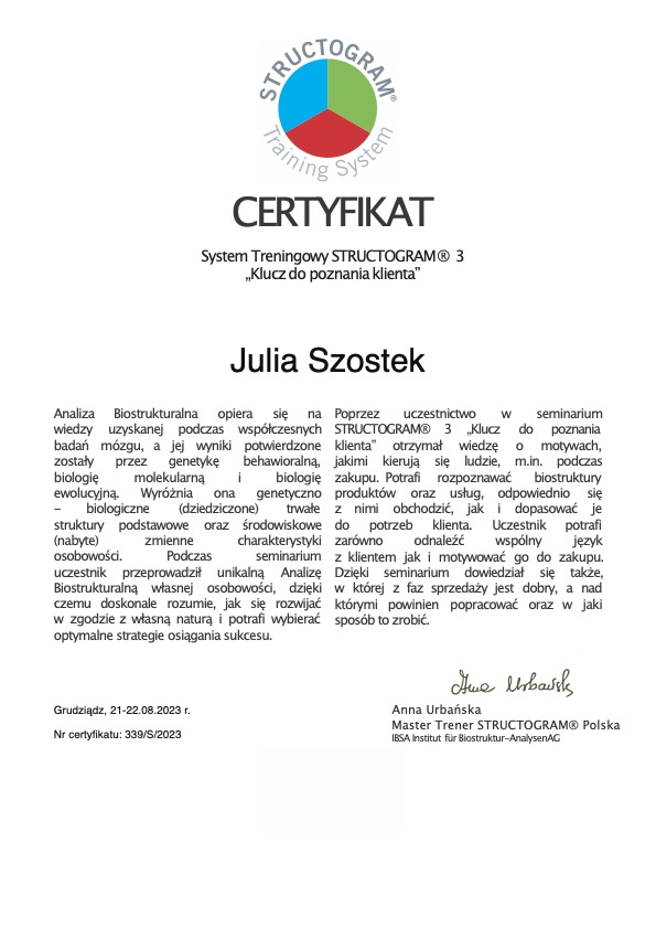 System Treningowy STRUCTOGRAM® 3 „Kluczdo poznania klienta”